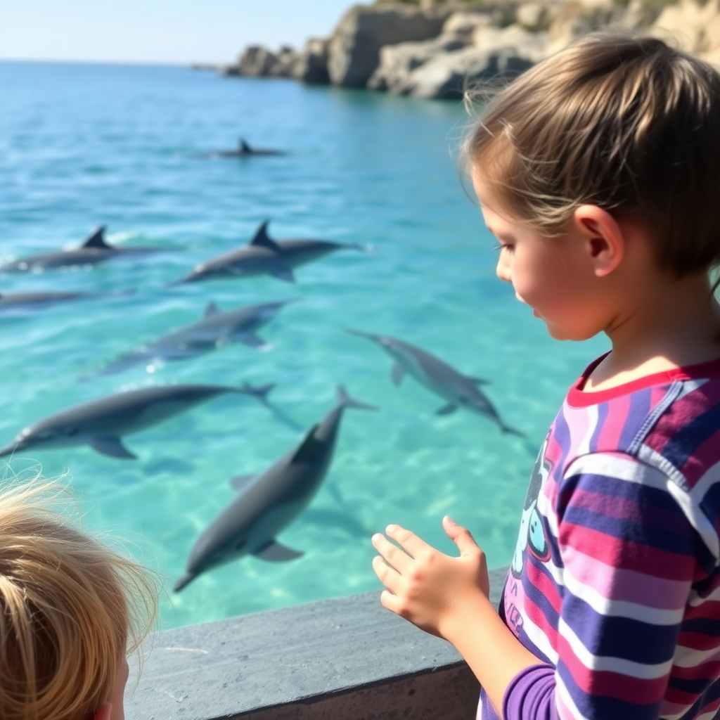 children learning about marine life on Laguna Beach with dolphins and whales in background, educational ocean experience, inspiring conservation moment
